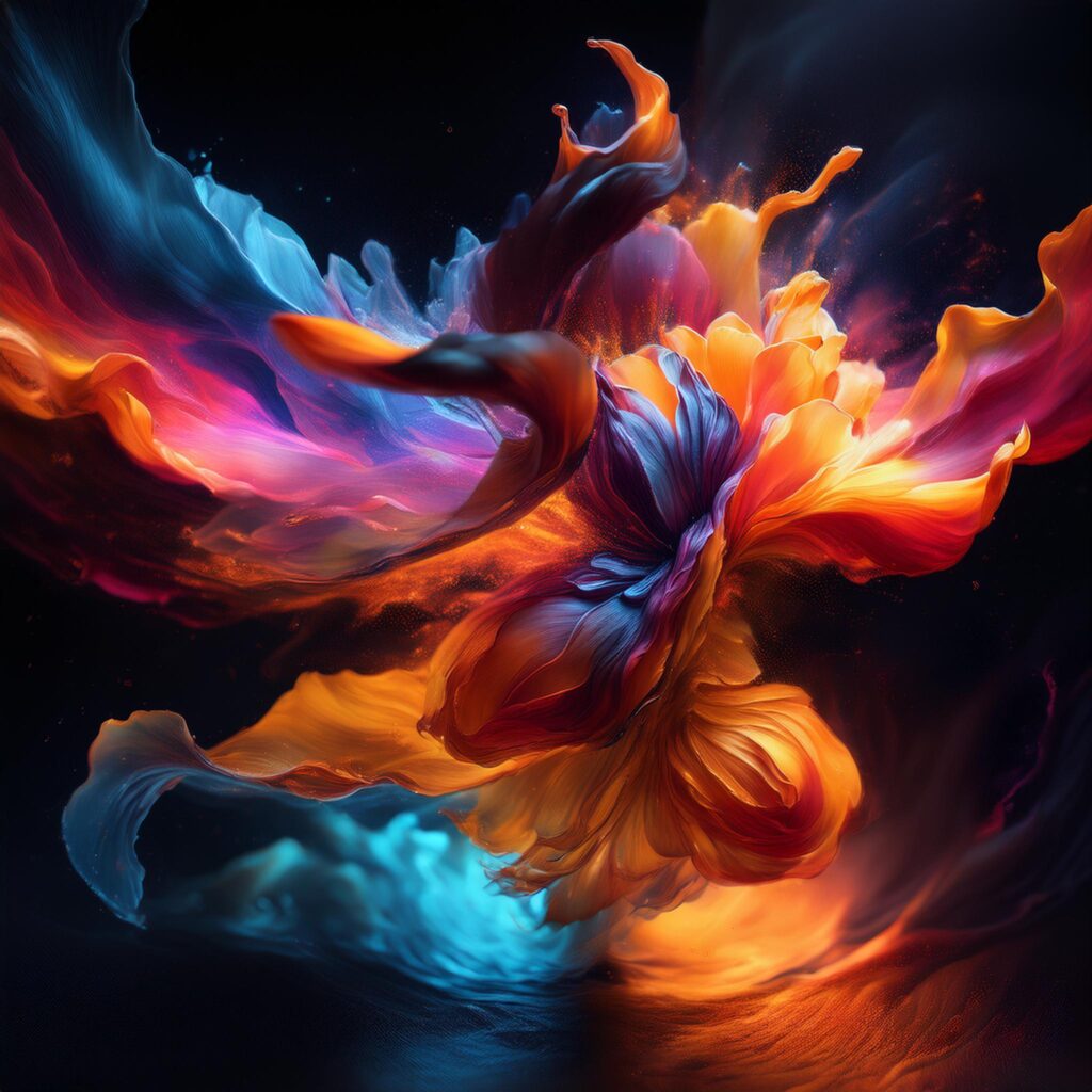 Abstrakti taideteos, jossa kirkkaat oranssin, violetin ja sinisen sävyt kietoutuvat dynaamisesti toisiinsa muodostaen liikkeen ja energian vaikutelman.