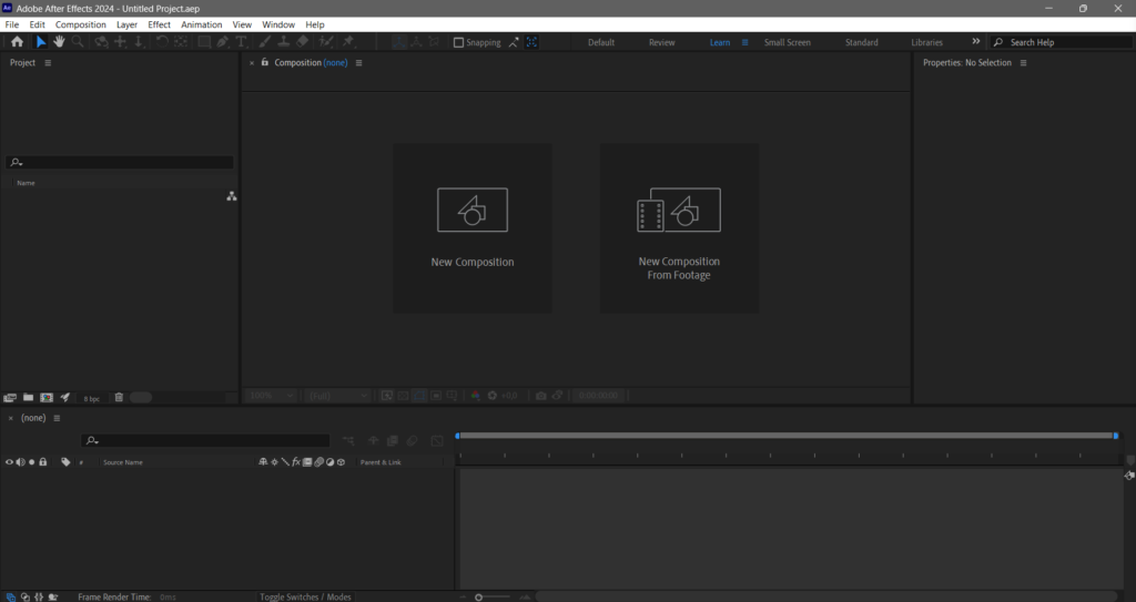Adobe After Effects 2024 -ohjelman käyttöliittymä, jossa näkyvät Project-paneeli, Composition-paneeli ja Timeline.