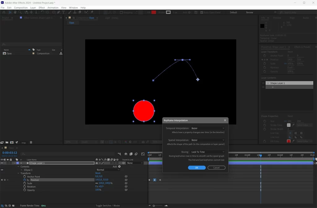 Adobe After Effects -ohjelma avoinna, punainen ympyrä animoitu liikkumaan ruudulla avainruutujen avulla. Näytössä on avattu Keyframe Interpolation -ikkuna, jossa säädetään liikkeen sujuvuutta Bezier-asetuksilla.