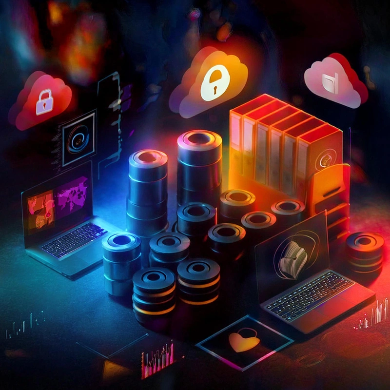 Digitaalinen kuva, jossa näkyy varmuuskopioinnin ja versionhallinnan elementtejä, kuten pilvitallennuksen symbolit, kannettavat tietokoneet ja tiedostopinoja.