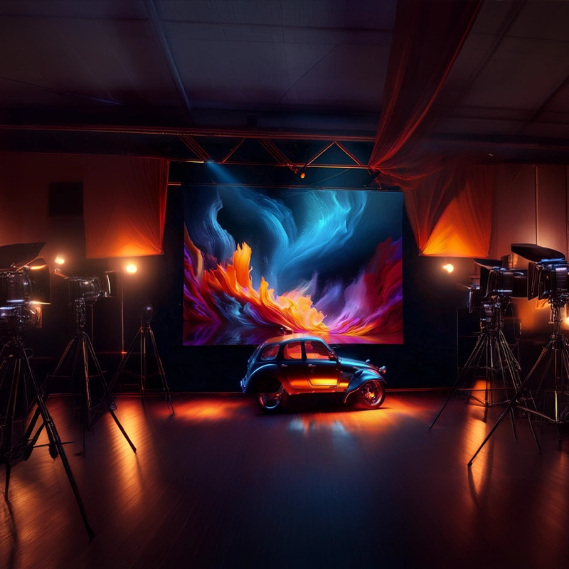 opas-chapter-800x800-compositions Valokuvamainen lavastus, joka esittää komposition Adobe After Effectsissä, sisältäen valoja, kameroita ja taustalla dynaamisen digitaalisen kanvaksen.