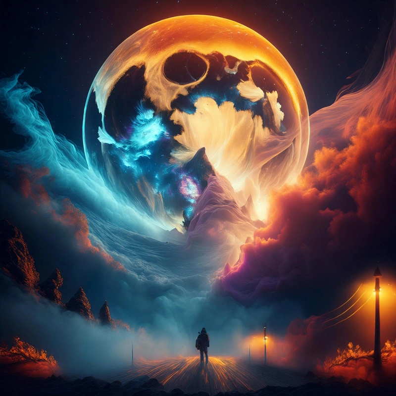 Upea fantasiaelokuvan kohtaus, jossa hahmo kävelee suuren, loistavan taivaankappaleen alla.