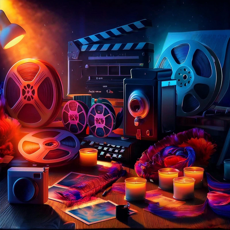 Medialaitteita pöydällä, kuten filmirullia, kaitafilmejä, polaroid-kuvia ja vanhoja kamera- ja elokuvavarusteita.