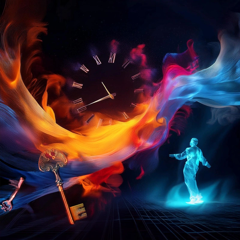 Abstrakti kuva, jossa näkyy kellotaulu, värikkäät virtaavat muodot ja avaimet symboloimassa avainruutuja. Sininen hahmo oikeassa reunassa kuvastaa animaattoria hallitsemassa aikajanaa ja liikettä.