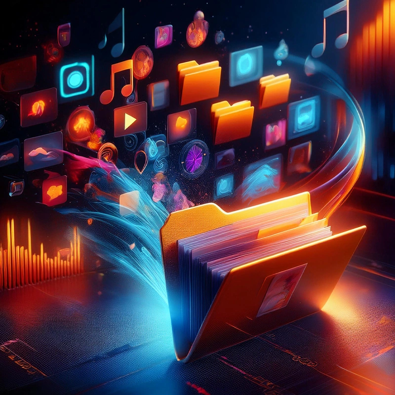 opas-chapter-800x800-media-folders Avoin tiedostokansio, johon lentää erilaisia mediatiedostoja, kuten kuvia, videoita ja musiikki-ikoneita, symboloiden mediakirjaston hallintaa.