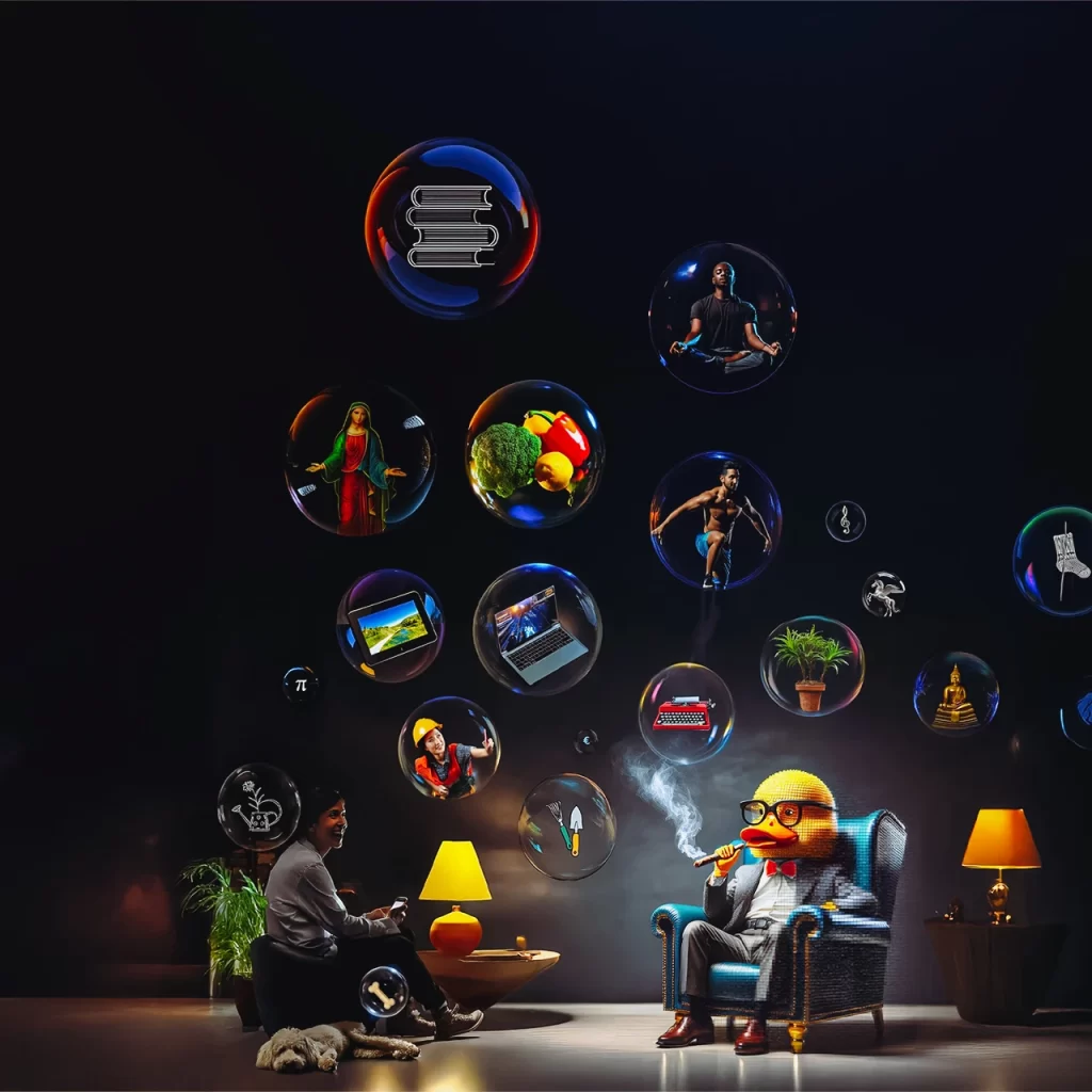 Keltainen kumiankka, joka symboloi tekoälyä, istuu nojatuolissa ja polttaa sikaria. Ankan ympärillä on kuplia, joista jokainen edustaa tekoälyn erilaisia käyttötapoja, kuten ruokavalion suunnittelua, joogaa, urheilua, teknologiaa ja viihdettä. Kuplien joukossa on myös henkilö, joka katsoo ankan toimintaa.