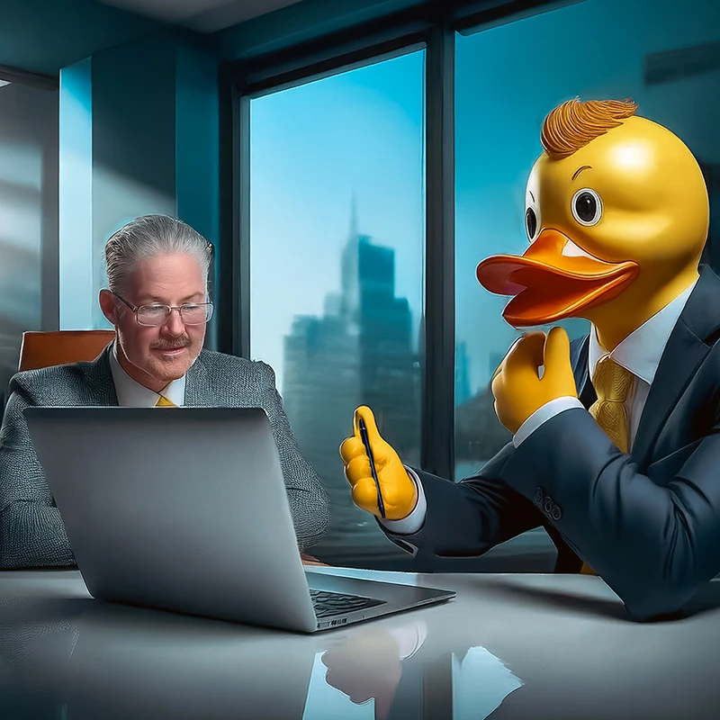 Case Study: AI:n hyödyntäminen monimutkaisissa liiketoiminta-analyyseissä Liikemies yhdessä AI-ankka konsultin kanssa tarkastelee tietokoneen näyttöä pilvenpiirtäjien taustalla, symboloiden AI roolia strategisessa päätöksenteossa ja analyysissä.