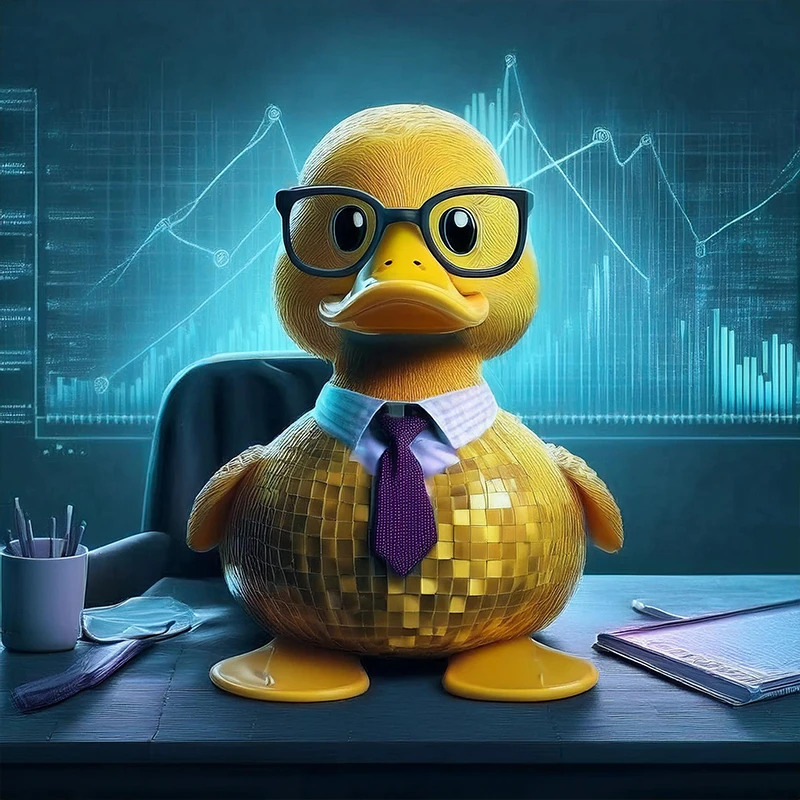 Tekoäly päätöksenteon tukena: Haastavien tilanteiden analysointi tarkasti Keltainen ankka silmälaseilla ja solmiolla edustaa tekoälyn kykyä analysoida monimutkaista dataa, istuen toimistoympäristössä kaavioiden ja grafiikoiden edessä.