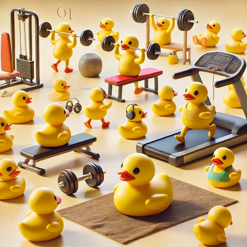 Haastavat harjoitukset kokeneille käyttäjille: Tekoälyn taidot kuntoon Keltaiset kumiankat treenaavat kuntosalilla, osa nostaa painoja, osa juoksee juoksumatolla, ja osa tekee venyttelyharjoituksia.