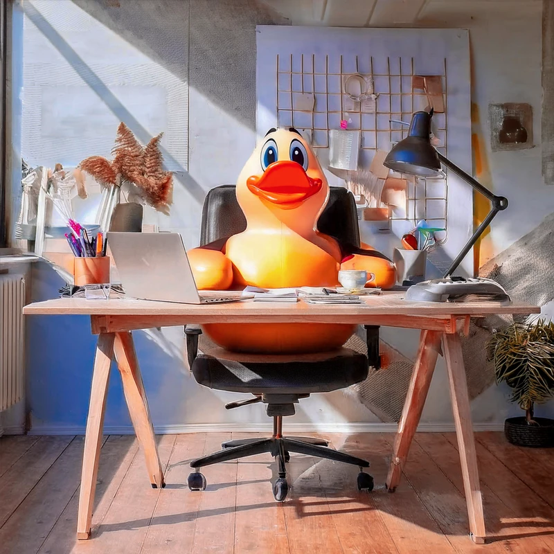 Luovuus ja Sisällöntuotanto – Ankka Luovan Työn Parissa Luova ankka istuu työpöydän ääressä, sisällöntuottajan roolissa luovassa työtilassa.