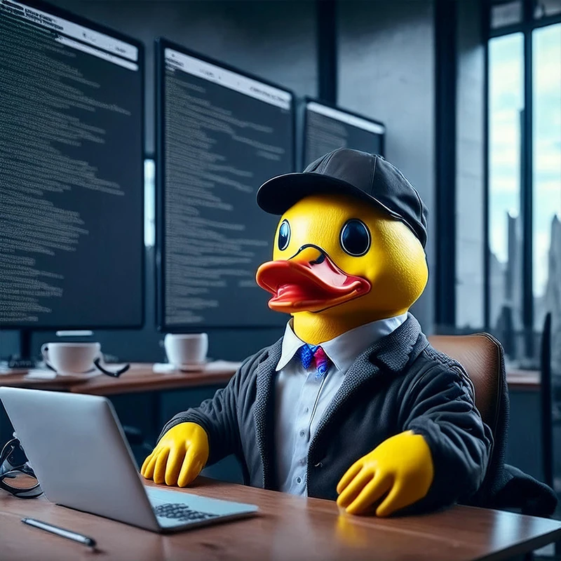 Ohjelmointi ja tekninen tuki: Tekoäly apuna koodauksessa Keltainen kumiankka nuoren ohjelmoijan asussa työskentelee tietokoneella ohjelmoiden monitoreiden ääressä modernissa toimistoympäristössä.