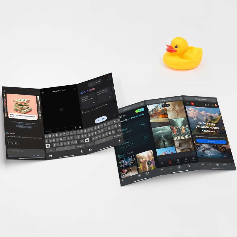 Prompttauksen Perusteet – Miten Promptit Ohjaavat Käyttöä Kuva erilaisista mobiilisovelluksista, joissa promptin avulla edetään, sekä kumiankka symboloimassa perinteistä ongelmanratkaisua.