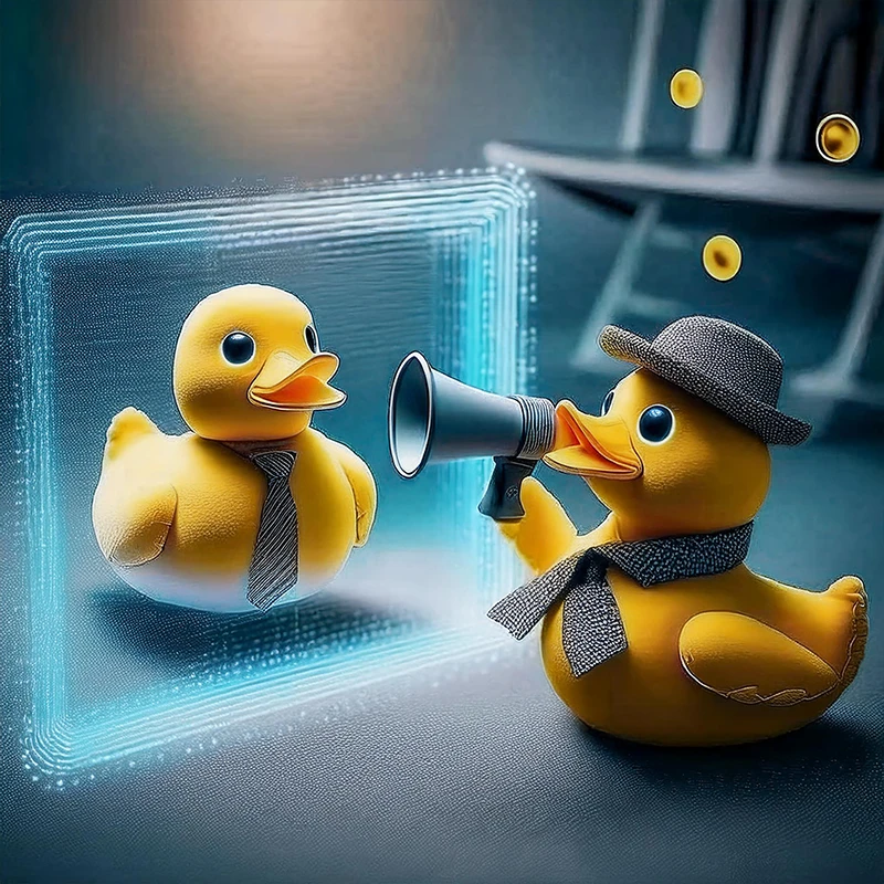 Tulevaisuuden mahdollisuudet: Tekoäly ja uudet ominaisuudet Keltainen kumiankka, pukeutuneena ohjaajaksi hatulla ja huivilla, ohjaa megafonilla hologrammina olevaa kumiankkaa futuristisessa ympäristössä.