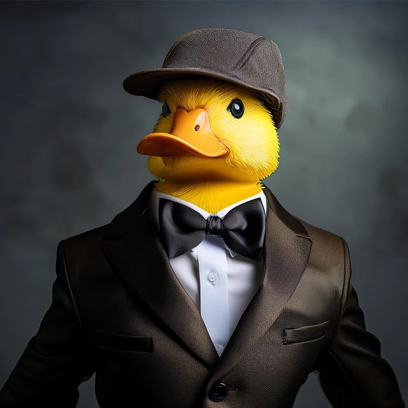 Prompttauksen Tyylit ja Tekniikat – Ankka Tyyliä Täynnä Smokkiin pukeutunut ankka, joka edustaa promppauksen tyylikkyyttä ja monipuolisuutta.