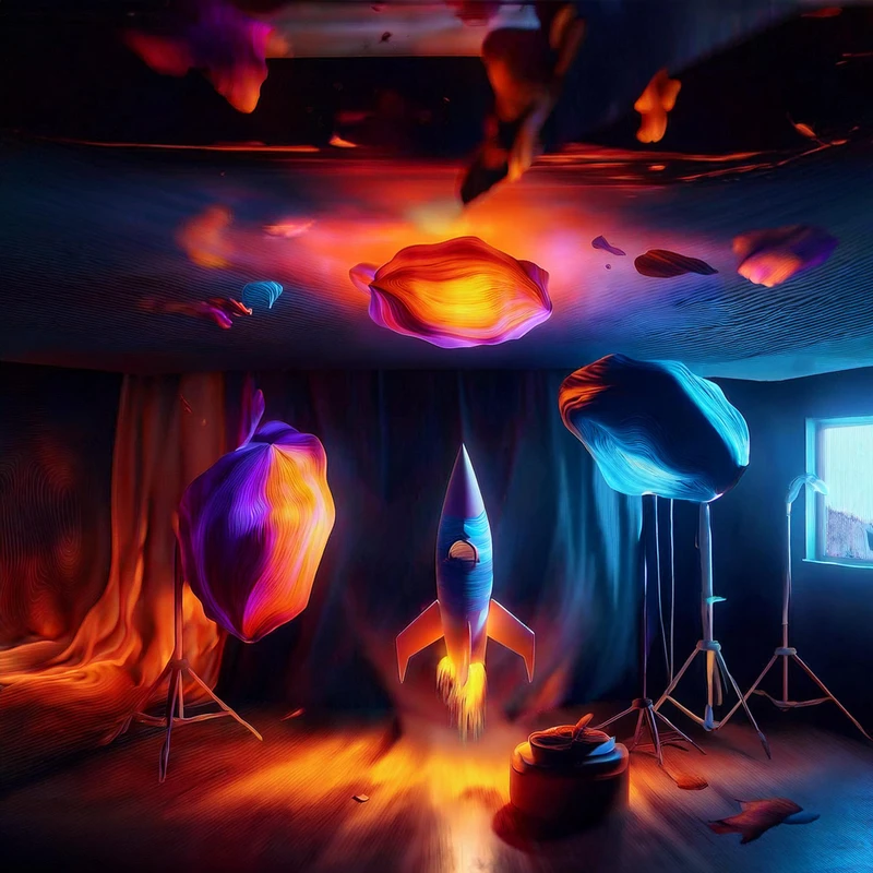 Surrealistinen 3D-animaatiostudio, jossa raketti ja kelluvat muodot leijuvat ilmassa valaistussa huoneessa