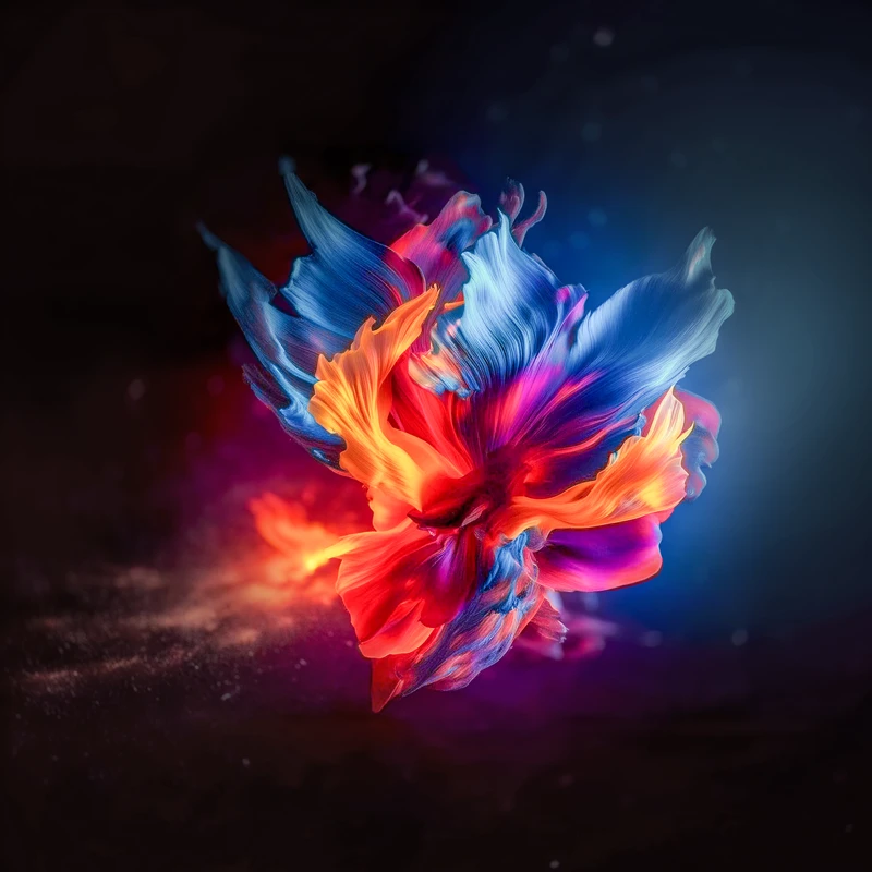 Värikäs ja dynaaminen kukkamaista muotoa muistuttava tehoste, joka havainnollistaa jälkikäsittelyä ja tehosteiden käyttöä.