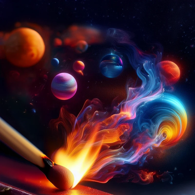 opas-chapter-800x800-creative-animations-visual-effects Tulitikku sytytetään, ja sen kipinät levittäytyvät muodostaen värikkäitä ja pyörteisiä sfäärejä kuin universumeja