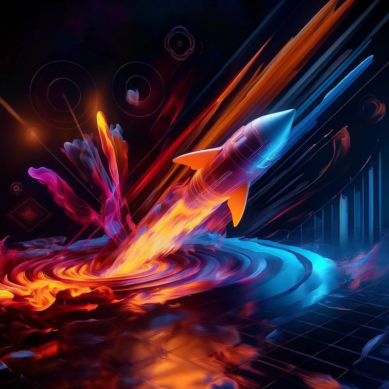 Futuristinen kuvitus raketista, neonväreissä, kuvaa liikkeenseurantaa ja stabilointia videoeditoinnissa.