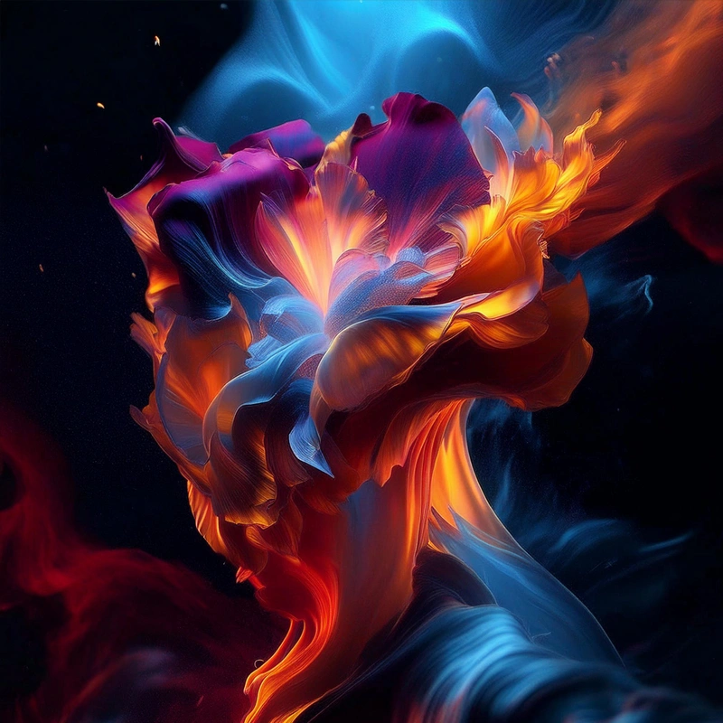 Abstrakti taideteos, joka kuvaa dynaamista, värikästä muotoa, jossa yhdistyvät sinisen, oranssin ja violetin sävyt
