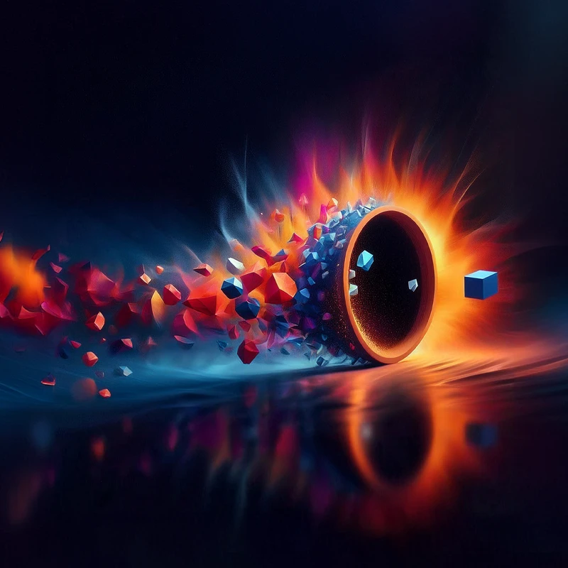 opas-chapter-800x800-render-optimization-efficiency Geometrisia muotoja menee pyörteen läpi, ja toiselta puolelta ulos tulee yksi selkeä, optimoitu muoto, symboloiden renderöinnin optimointia ja tehokkuutta.