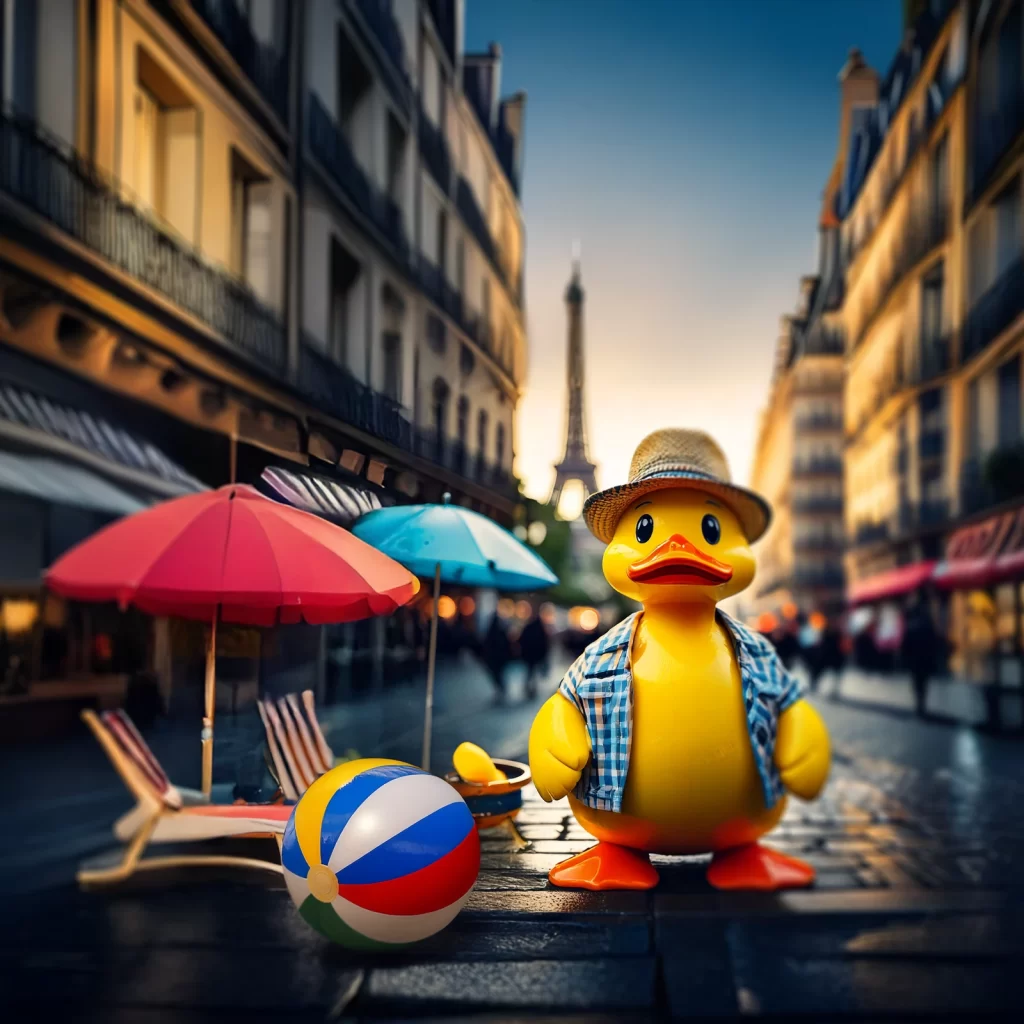 Keltainen kumiankka seisoo Pariisissa rantaloma varusteet mukanaan