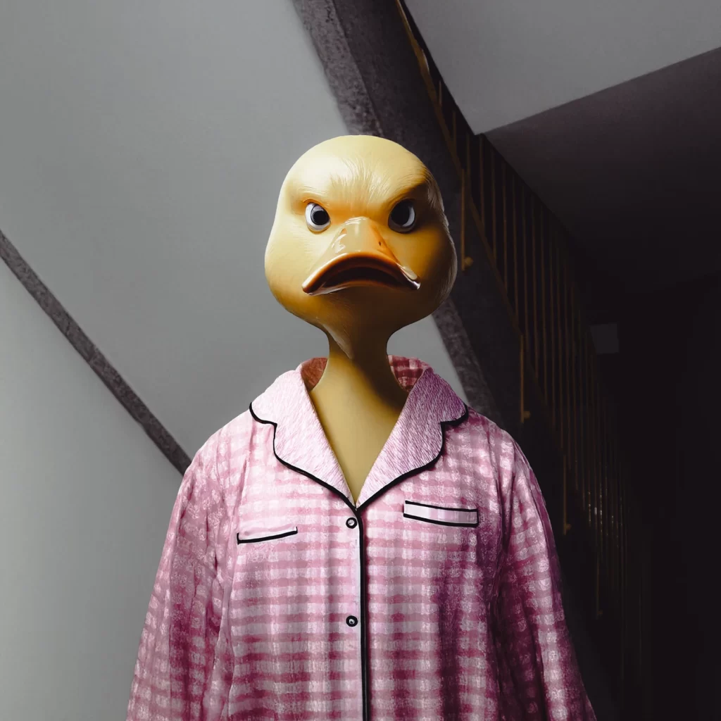 Kiukkuinen keltainen kumiankka seisoo rappukäytävässa pyjama yllään