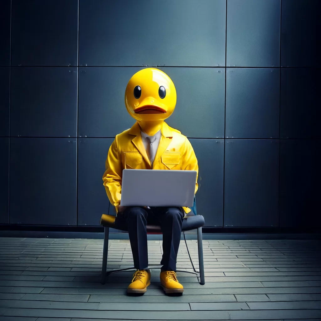 Tekninen haastattelija, jolla on keltaisen kumiankan kasvot, istuu tietokoneen ääressä modernissa työhaastattelutilanteessa.Tekninen haastattelija, jolla on keltaisen kumiankan kasvot, istuu tietokoneen ääressä modernissa työhaastattelutilanteessa.