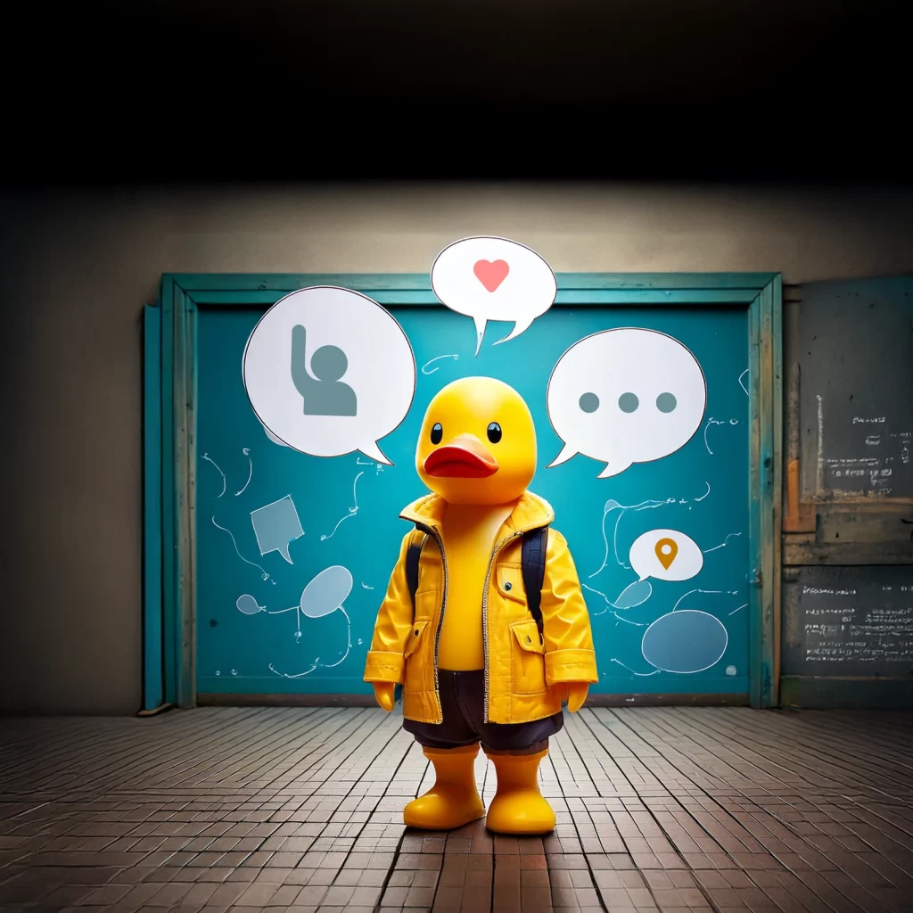 Argumentori - Mielen treenikenttä ja sosiaalisen pelisilmän parantaja Keltainen kumiankka puhekuplien ympäröimänä.