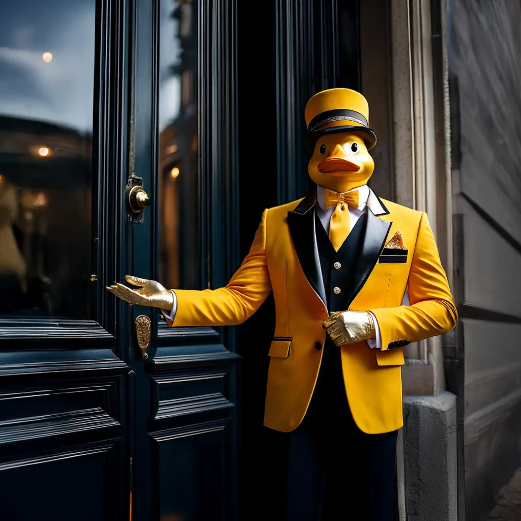 Tervetuloa mentori.kanavana.fi palveluje pariin Keltainen kumiankka hotellin ovimiehenä ohjaa asiakkaan sisään.