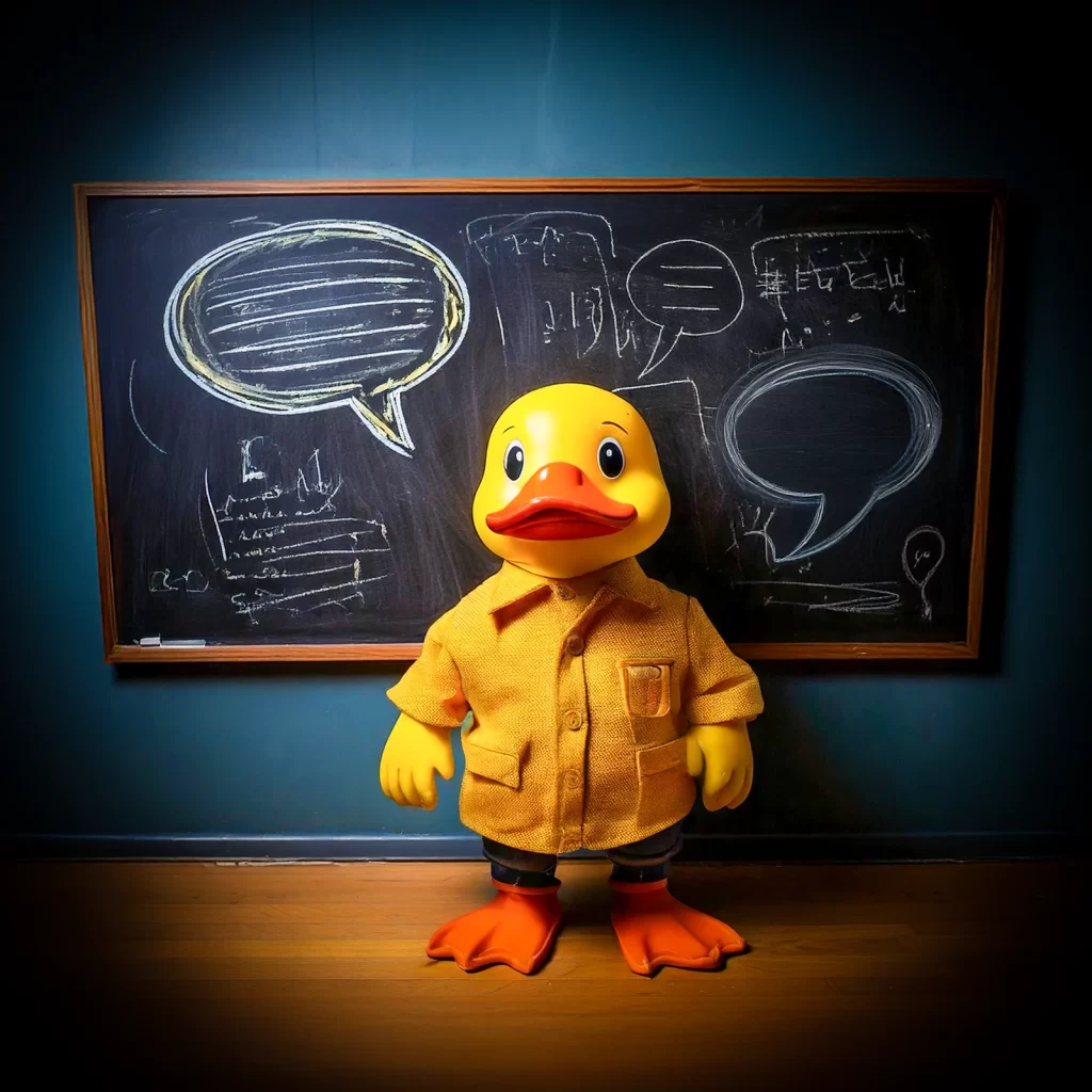 Keltainen kumiankka seisoo liitutaulun edessä. Liitutauluun on piirrettu puhekuplia.