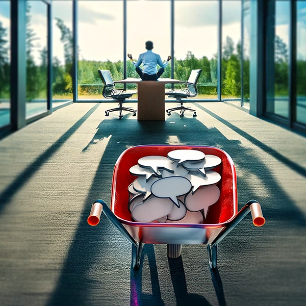 Olet valmistautunut neuvotteluut Johtaja harjoittaa mindfulnessia pöydällä ja kottikärryssä on puhekuplia